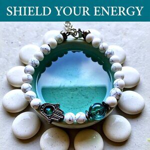 Hamsa Hand ~ Blessing Bracelet! Blue Crystal + Rose Beads & Howlite + Gunmetal